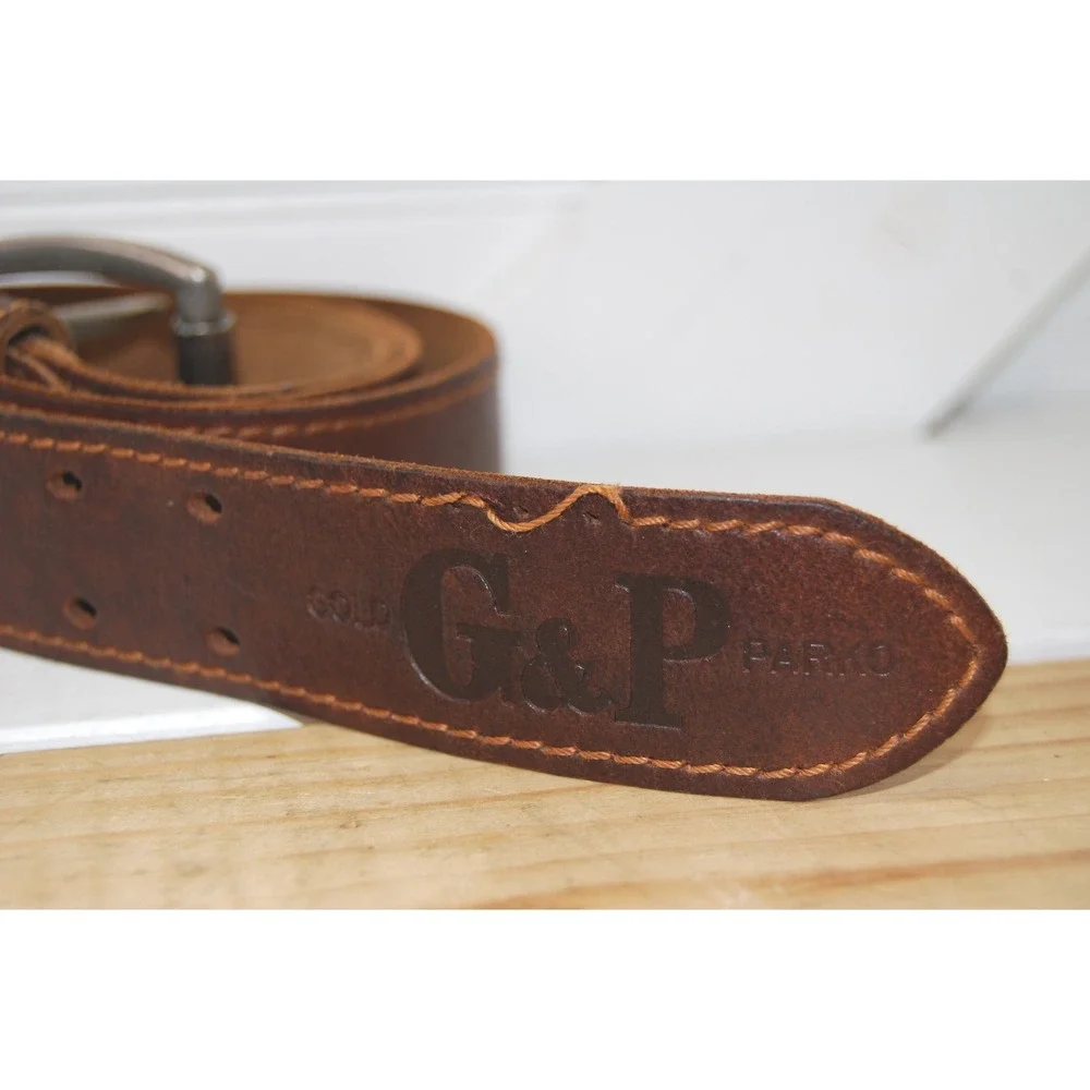Brown leather‎ belt size 40 Gold & Parko logo embossed accessory double prong
